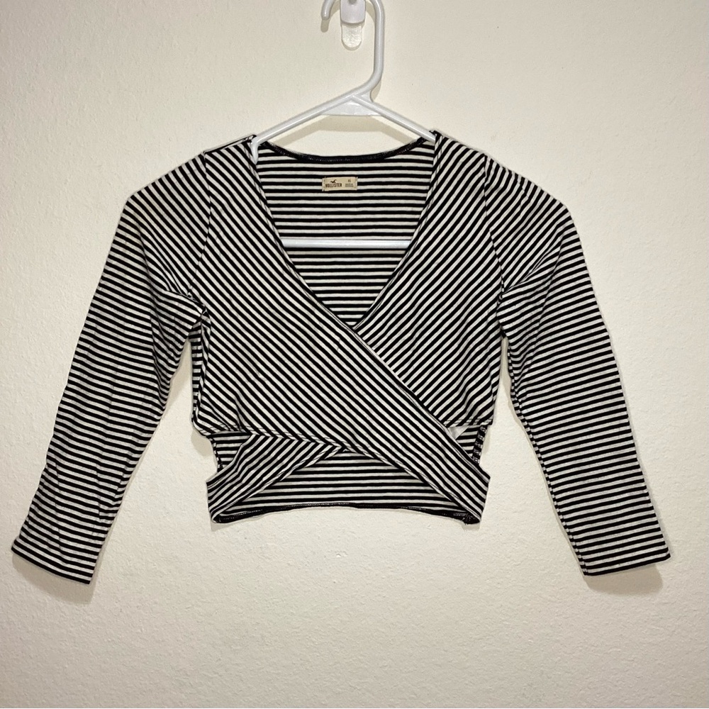 Hollister Black and White Striped Wrap Top
